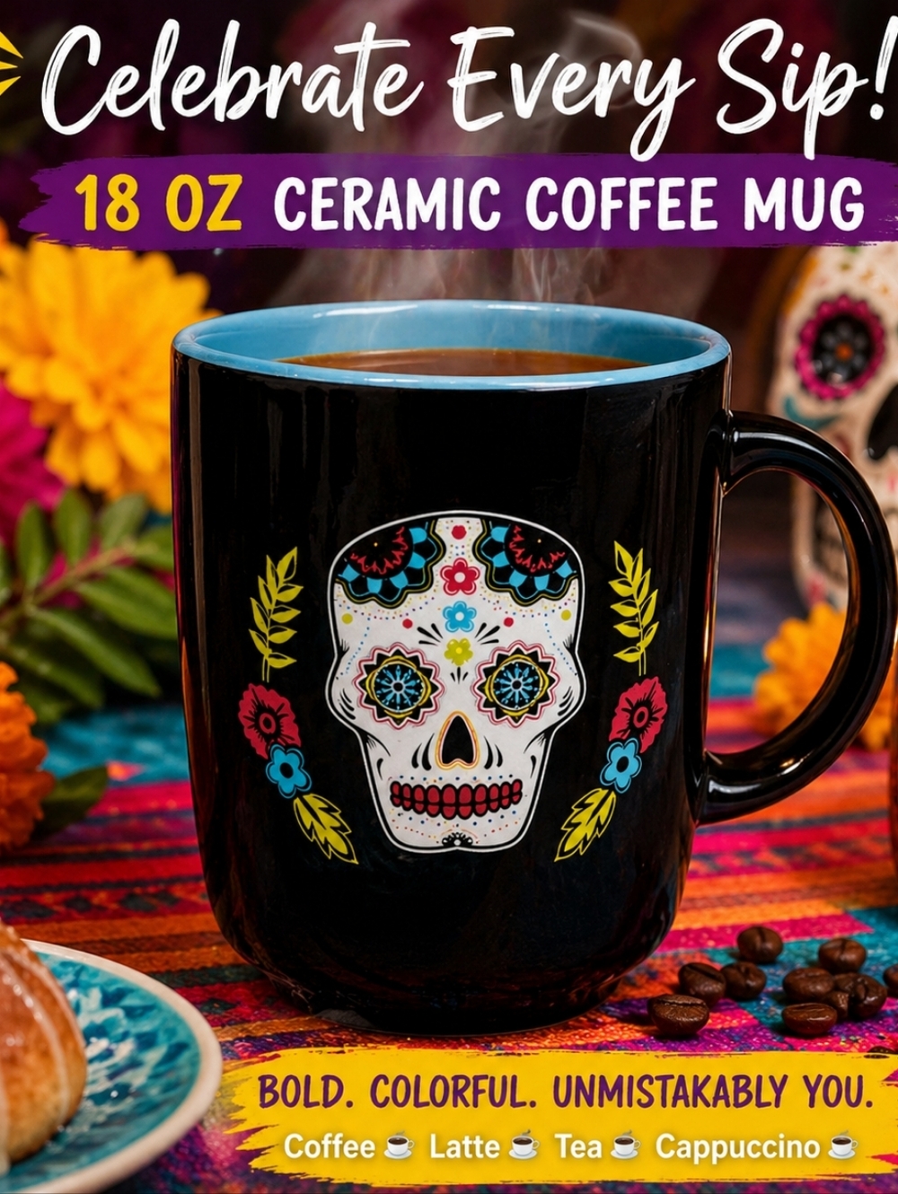 Sugar Skull Coffee Cup 18 oz Ceramic Mug Day Of The Dead Mug. New